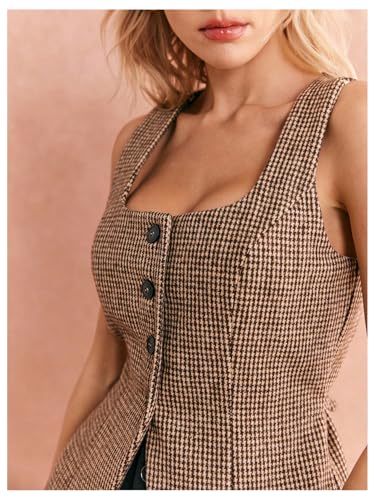 GORGLITTER Women's Tweed Blazer Vest Tops Sleeveless Square Neck Business Casual Cardigan Vests Western Cowgirl Outfits4