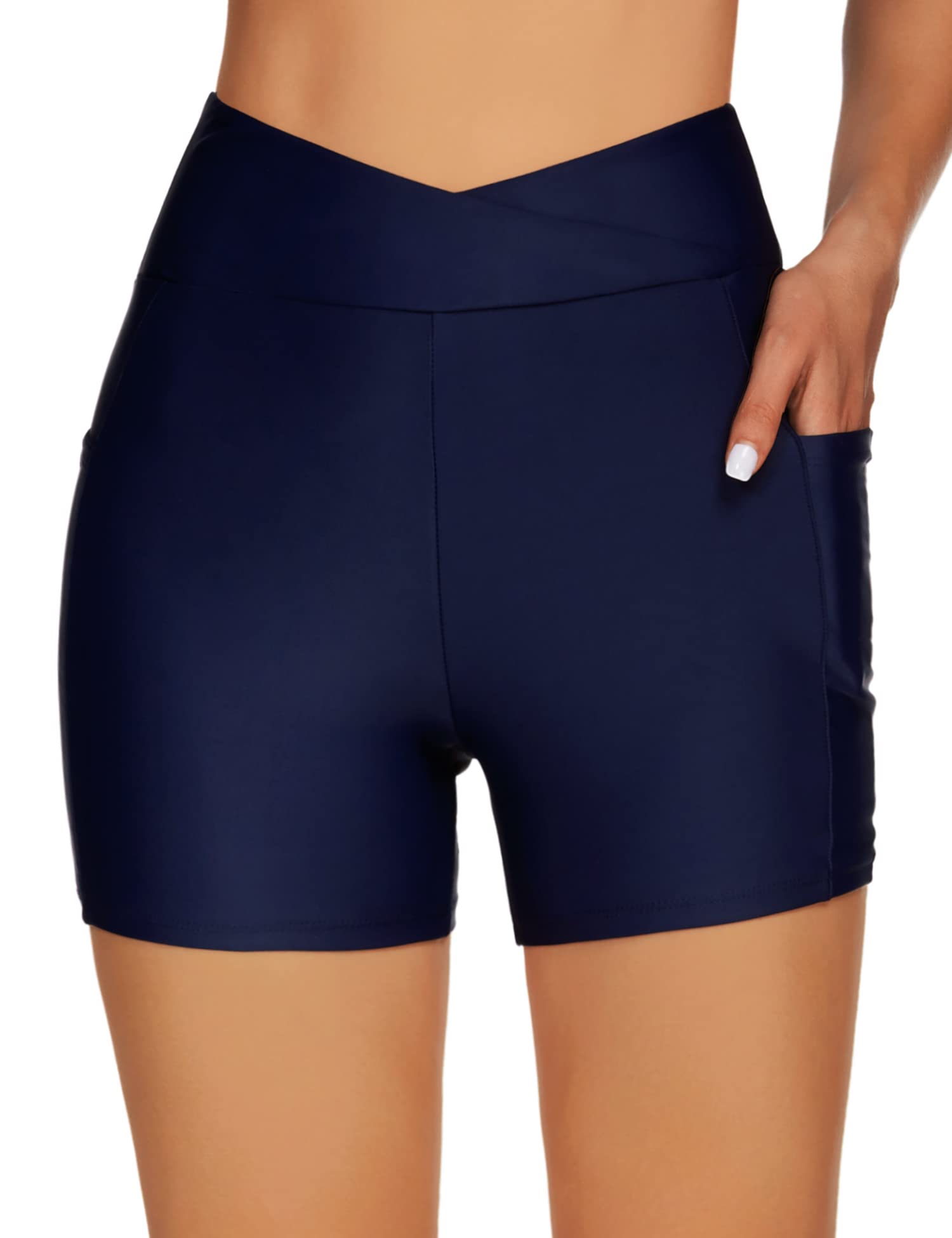 Tournesol Women's 5" Swim Shorts High Waisted Swimsuit Bottoms Cross Waist Bathing Suit Swimwear Boy Shorts with Pocket