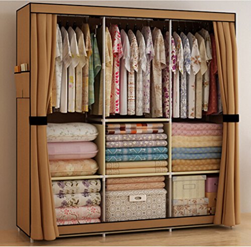 HHAiNi New Triple Curtain Style Non-Woven Fabric Wardrobe Closet Garment Cabinet Rack