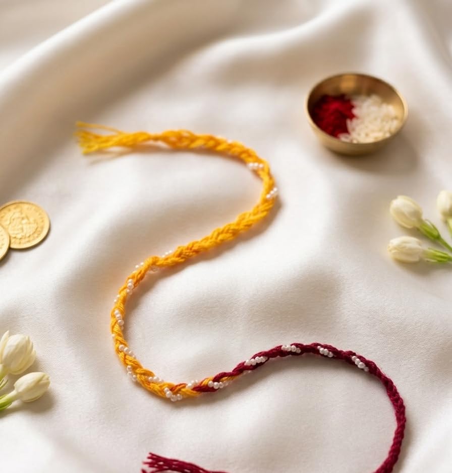 Image of Traditional Rakhi for Bhaiya, 12 Pcs Mauli Thread with Pearl Work for Raksha Bandhan with Roli Chawal, Elegant Moli Rakhi Set, Rakshabandhan Festive Gift Set for Bhai