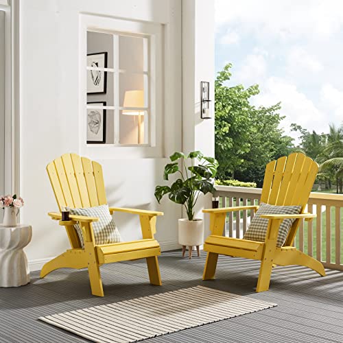 Image of Psilvam Adirondack Chairs Set of 2 with Cup Holder, Oversized,Yellow