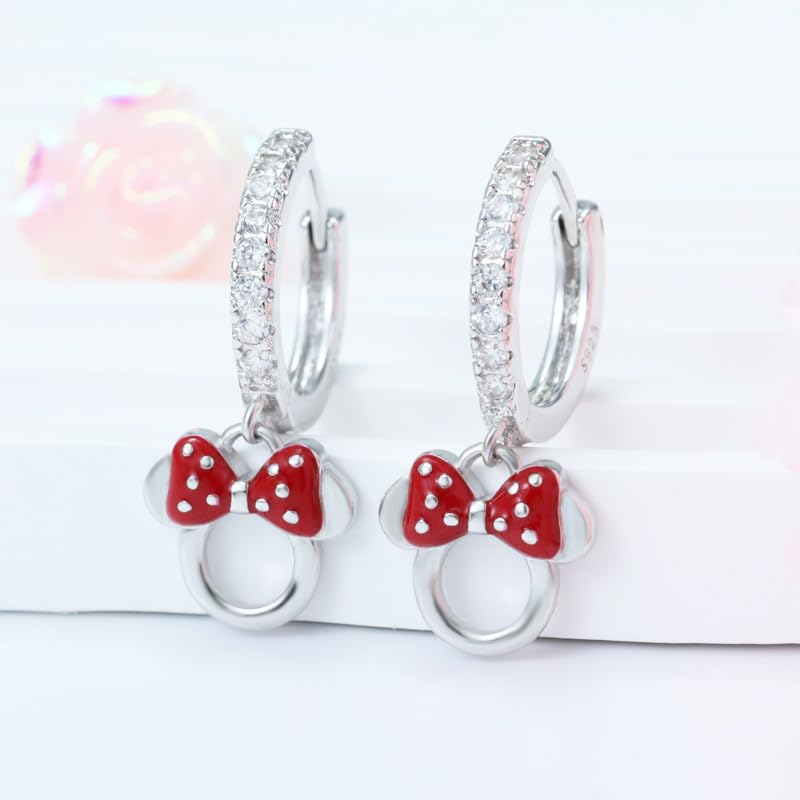S925 Sterling Silver Shinny CZ Red Dropper Mouse Hoop Earrings Hollowed Out Mouse Bow Huggie Fashionable Cute Exquisite Small Animal Earrings For Women Wife Girlfriend Wedding Birthday3