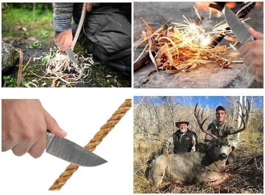 Miniatura 7 de Cuchillo de caza de Damasco hecho a mano con funda de cuero de transporte horizontal, cuchillo de hoja fija de espiga completa para campamento,