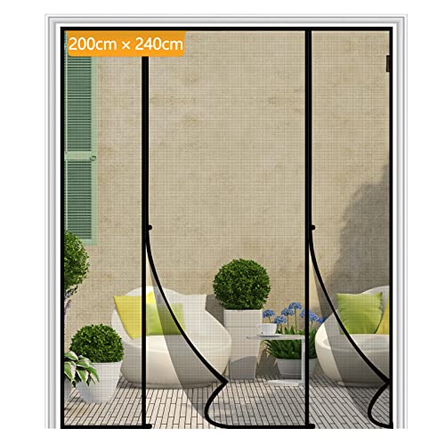 Yotache Fliegengitter Tür Magnet 200x240cm Fliegengitter Doppeltür Ohne Bohren, Insektenschutz für Schiebetür Balkontür, Reißfest, Fokussierte Magnete für Schnelleren Verschluss, Schwarz-Türrahmenmaße