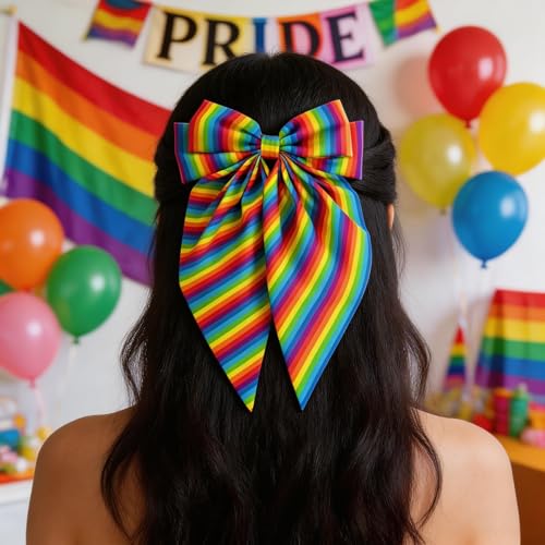 Pinzas para el cabello con lazo arcoíris para el Día del Orgullo Gay, lazo grande de raso con cola larga, diseño multicolor, gran lazo para mujeres, desfile y fiesta del mes del orgullo miniatura 5