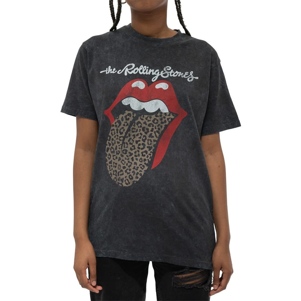 Rolling Stones The T Shirt Leopard Tongue Official Mens Black Acid Wash XXL