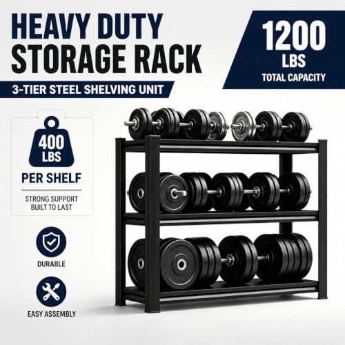 Image of Garage Shelving Heavy Duty Shelving Unit 1200 LBS 3-Tier Adjustable Boltless Storage Rack, Organizer for Garage Warehouse Kitchen Basement Workshop Household Supplies, 31.5 inchH x 23.6 inchW x 13.8 inchD, Black