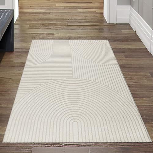 Teppich-Traum Kurzflor Teppich Flur Läufer lang modern Designerteppich weich Bogen Muster 3D Effekt in Creme 80x300 cm