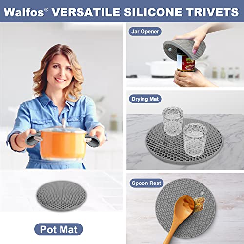Image of Silicone Trivet Mats - Walfos Heat Resistant Pot Holders Set, 4pcs 2 Sizes 7 Inch & 9 Inch, Multipurpose Non-Slip Hot Pads for Hot Pot, Hot Dishers, Jar Opener, Food Grade & BPA Free (Nordic Grey)
