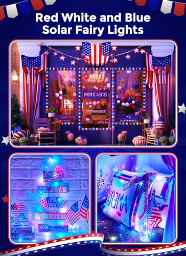 Minetom 33FT-RED-WHITE-BLUE-2PC 2 Packs Total 66Ft 200 Led Red White And Blue Solar String Lights Outdoor For Independence Day thumb #1