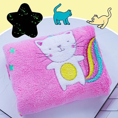 Glow in The Dark Pink Cat Throw Blanket with Storage Bag, Soft Throw Blanket for Girls Boys, Camping Blanket, Gifts for Children Ages 1-10, Kids Blanket, Day Care Home Office Travel Use, Pink