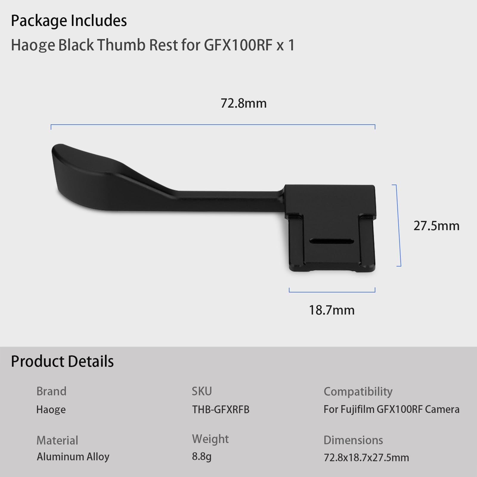 Haoge Uchwyt kciuka do aparatu Fujifilm GFX100RF akcesoria cyfrowe gorąca stopka metalowa podpórka kciuk podpórka uchwyt THB-GFXRFB czarny