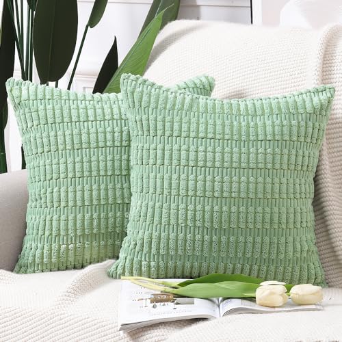MADIZZ Pack of 2 Boho Striped Corduroy Throw Pillow Covers 16x16 Inch Green Soft Decorative Cushion Cover for Sofa Bedroom Pillow Shell