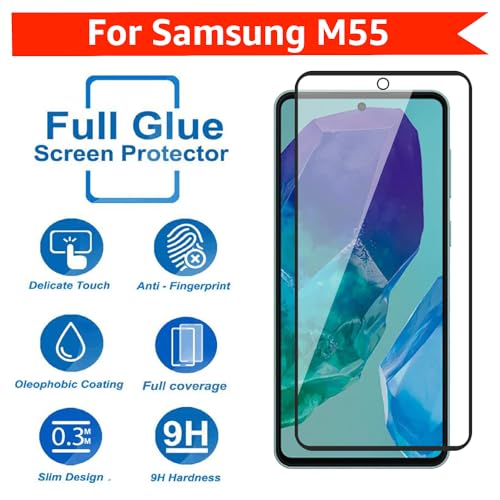 Image of POPIO Military-Grade Gorilla Tempered Glass For Samsung Galaxy M55 (Black) 9H Hardness, Edge-to-Edge Full Coverage, Anti-Scratch, Bubble-Free, Ultra Clear HD Glass, Oleophobic Coating, Face ID Compatible