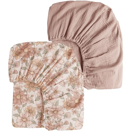 Image of Konssy Muslin Crib Sheets for Girl Boy, 2 PCS Soft and Breathable Cotton Baby Sheets for Standard Crib Mattress, 52 inchx 28 inch (Vintage Petals,Taupe)