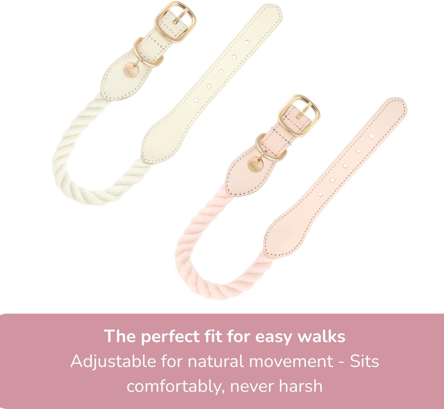 Handcrafted Cotton Rope Dog Collar for Medium Dogs – Soft, Hypoallergenic & Adjustable, Leather Reinforced with Rust-Proof Zinc Clasp. Perfect for Everyday Walks, Training & Weddings - Light Pink