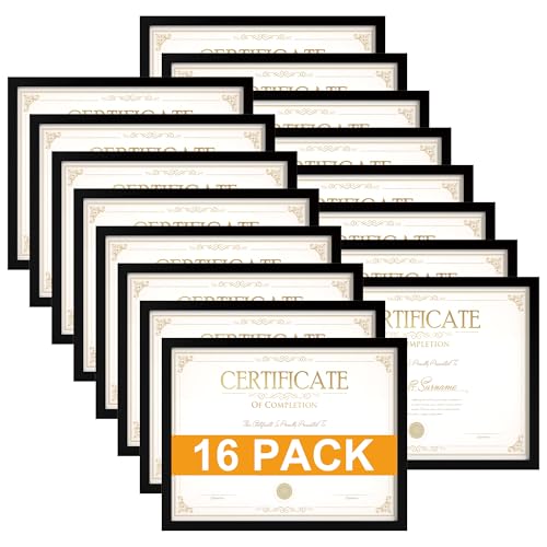 THKRLOF 8.5x11 Picture Frame Certificate Frame 16 Pack, 8.5 by 11 Bulk Multi Document Certificate Diploma Award Frames for Wall Hanging or Tabletop Display, Black