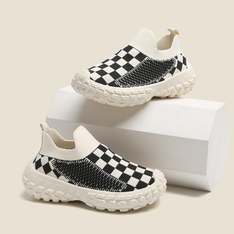 Kids Slip-On Knit Sneakers, Checkered Pattern, Black and White, Breathable Mesh4