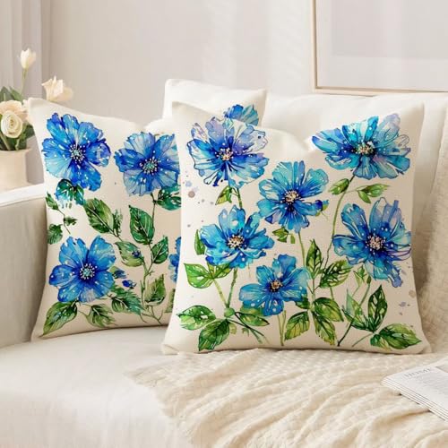 Housse coussin 80x80cm imperméable double face en lin bleu lot de 2