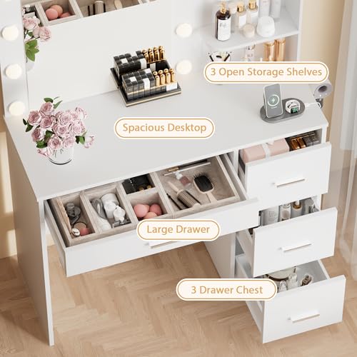 Image of Furmax Vanity Desk with LED Lighted Mirror&Power Outlet, Makeup Vanity Table with 4 Drawers, 3 Open Storage Shelves, and 3 Color Modes, for Bedroom (Pure White)