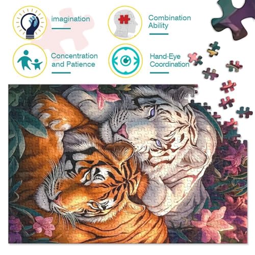 Puzzle de 1000 piezas de tigre salvaje y flores exóticas para relajarse en familia de 70x50 cm 4