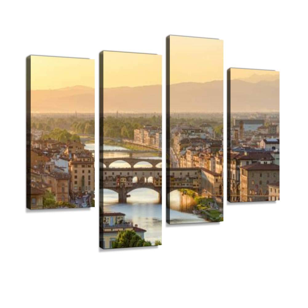 4 Panel Canvas Pictures Ponte Vecchio Bridge and The Arno River in Florence at Dusk Wall Art Prints Paintings Stretched & Framed Poster Home Living Room Decoration Ready to Hang