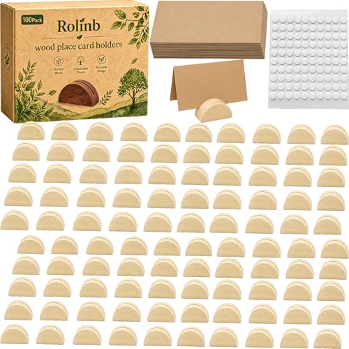 100PCS Wood Place Card Holders with Cards & Self-Adhesive, Pine Wooden Semicircular Design Table Number Name Card Stands for Wedding Baby Shower Birthday Party Menu Cafe (100, Wood color)