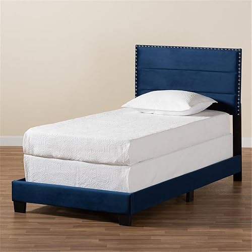 Miniatura 8 de BOWERY HILL Cama moderna tapizada de tela de terciopelo tamaño individual en azul marino