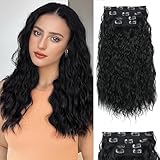 Natural Black Clip-in Hair Extensions, 18 Inch Synthetic Curly Wavy Hair Pieces - Long, Thick Clip-ons for Women