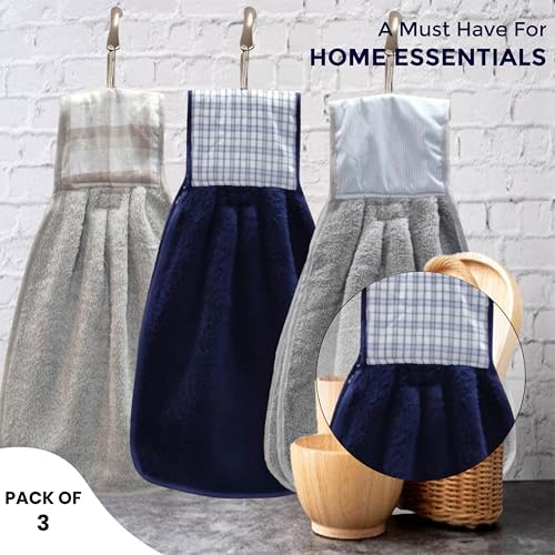 Image of Hand Towel with Loop | 600 GSM | Hanging Napkin for Wash Basin, Kitchen Sink, Bathroom| Pack of 3 in (Navy, Cream, and Grey) | Assorted