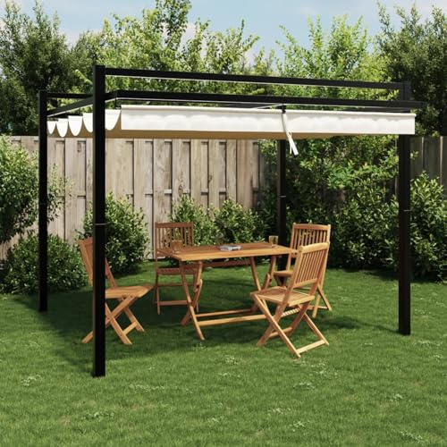 Sufrk Cenador de jardín con techo retráctil, color crema, 3 x 3 m, de aluminio, pérgola con lona impermeable plegable y estructura rectangular de acero inoxidable de alta densidad, para decoración de