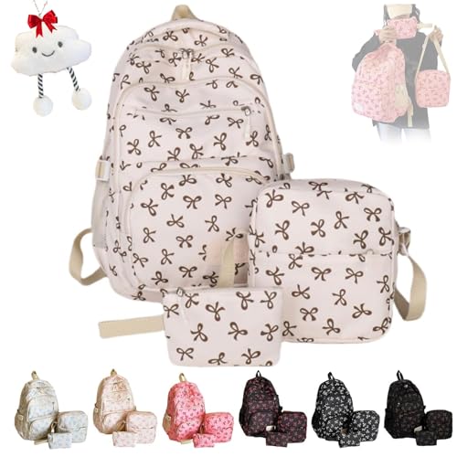 Coquette Bow Backpack 3Pcs Set, 3Pcs Set Bow Backpack for Girls, Cute Kawaii Backpacks Set Large Capacity (White)