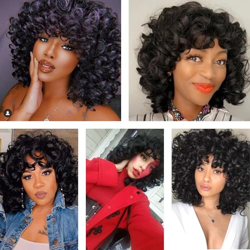 KEAT Curly Wigs for Black Women 14" Short Kinky Curly Black Wig with Bangs Cute Natural Synthtic Soft Wig K001BK