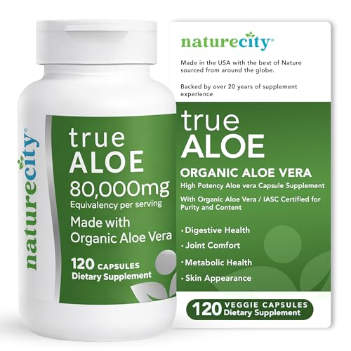 NatureCity True-Aloe Gut Health Support – 80,000mg Aloe Vera Gel Equivalent Per Serving – Organic Aloe Vera (120 Capsules) for Digestive, Skin & Joint Support | Small Easy-to-Swallow Pills