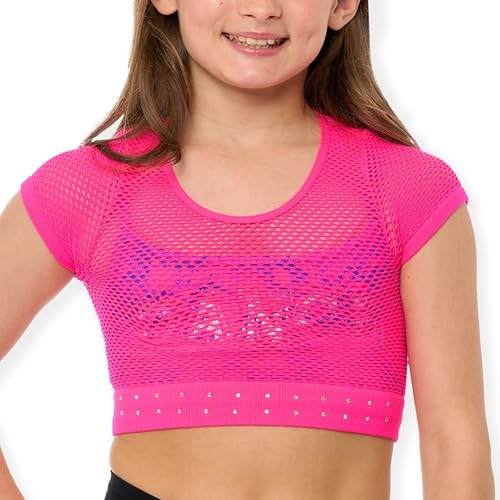 Girls Back to School Mesh Crop Top with Sparkling Rhinestones Short Sleeve Breathable Dance Shirt Age 7 to 14