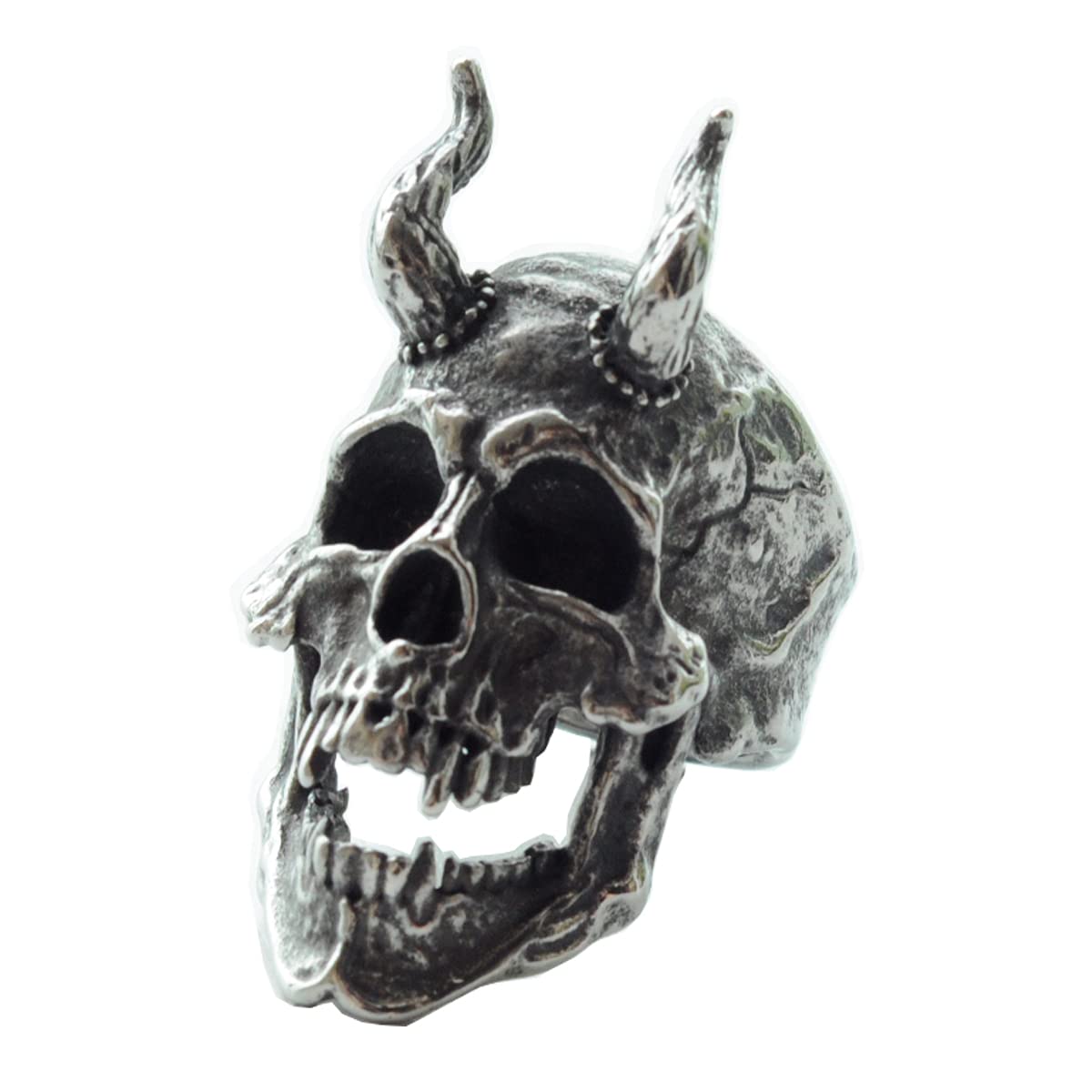 Demon Head Skull Ring Big Horned Stainless Steel Biker Jewelry Ring Men, Metal, No Gemstone