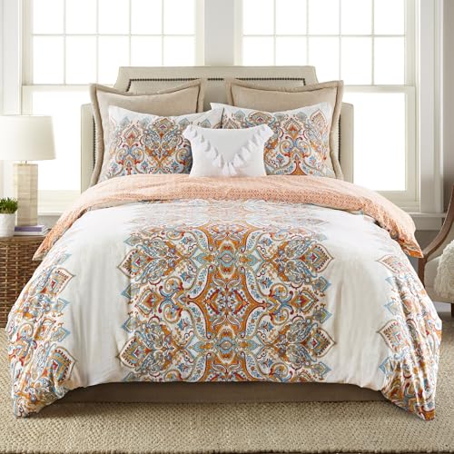 Levtex Home Emile Twin Duvet Set, Medalion, 100% Cotton, Beige, Orange