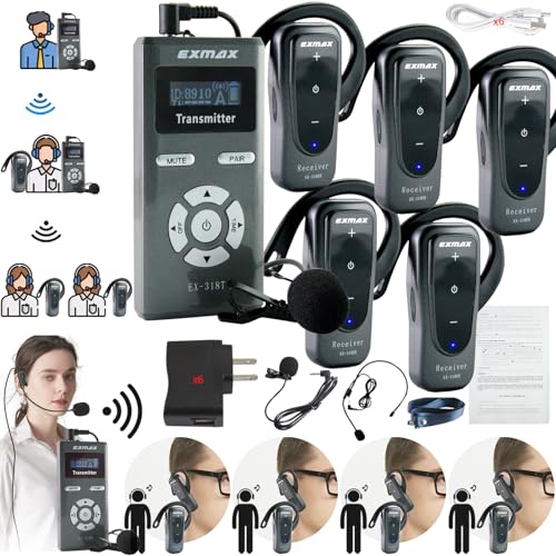 EXMAX-EX-318 Sistema de guía de audio inalámbrico 2.4GHz con receptor de gancho de oreja y micrófono para seminarios, conferencias y entrenamientos (1 transmisor y 5 receptores)