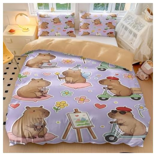 Funda de edredón capibara capibara, bonito juego de ropa de cama con estampado de animales de dibujos animados, funda de edredón estilo kawaii, juego de ropa de cama morado suave para decoración de