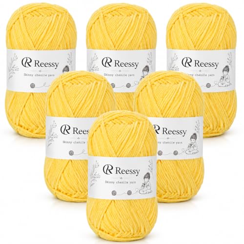 Image of Skinny Chenille Yarn for Crocheting - CYC #2 Fine Lightweight, Soft Baby Blanket Yarn for Beginners, 6 Pack 50g /158yd Each - No-Split for Crochet Toys & Small Projects(Sunny Yellow)