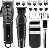 KEMEI Kit Barbería Profesional 3 en 1, Maquina de Cortar Pelo Hombre, Recortadora de Barba Inalámbrico, Afeitadora Eléctrica de Láminas, Carga USB, Cuchillas de Acero, 1071+PG2299+2024