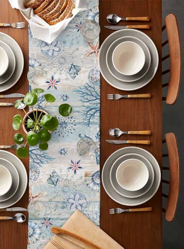 Coastal Crab Table Runner 70 Inches Long Farmhouse Dress Scarves, Nautical Summer Beach Starfish Coral Vintage Dining Tablerunner for Coffee Table/Kitchen Island/Party Décor, 13" x 70"2