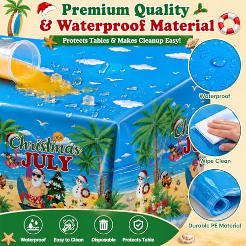 Image of tineit 3 Pieces Christmas July Decortions 54 x 108 Inch Plastic Tablecloth for Hawaiian Kalikimaka and Santa, Table Cover Gift Summer Pool Party Supplies | Hawaiian Kalikimaka Tablecloth, Perfect for Summer Pool Party Supplies, Durable Plastic