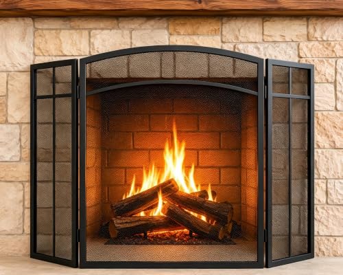 Gtongoko 3 Panel Fireplace Screen Steel Mesh Fire Spark Guard Cover, Black