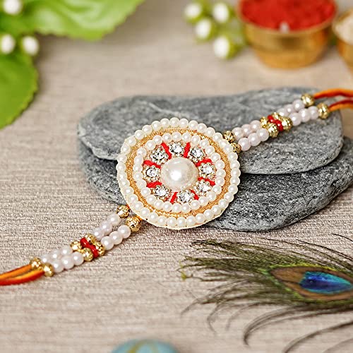 Image of eCraftIndia Red, Blue & Golden Designer Peacock Rakhi with Roli Chawal Pack - Rakhi for Brother