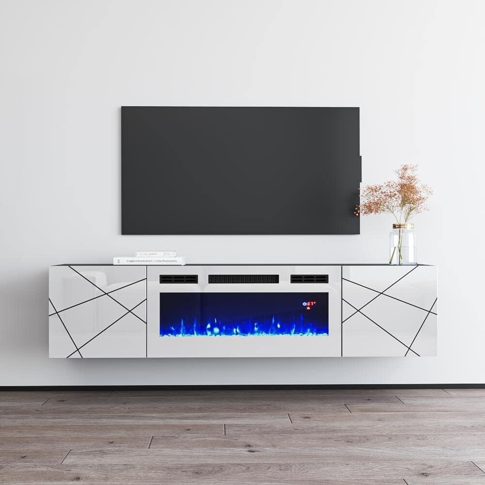 Meble Furniture London WH-EF Electric Fireplace TV Stand — Storage Cabinets — Modern Media Console, Fits TVs up to 70", 59.8" W x 16.5" D x 25.6" H — Gray/White