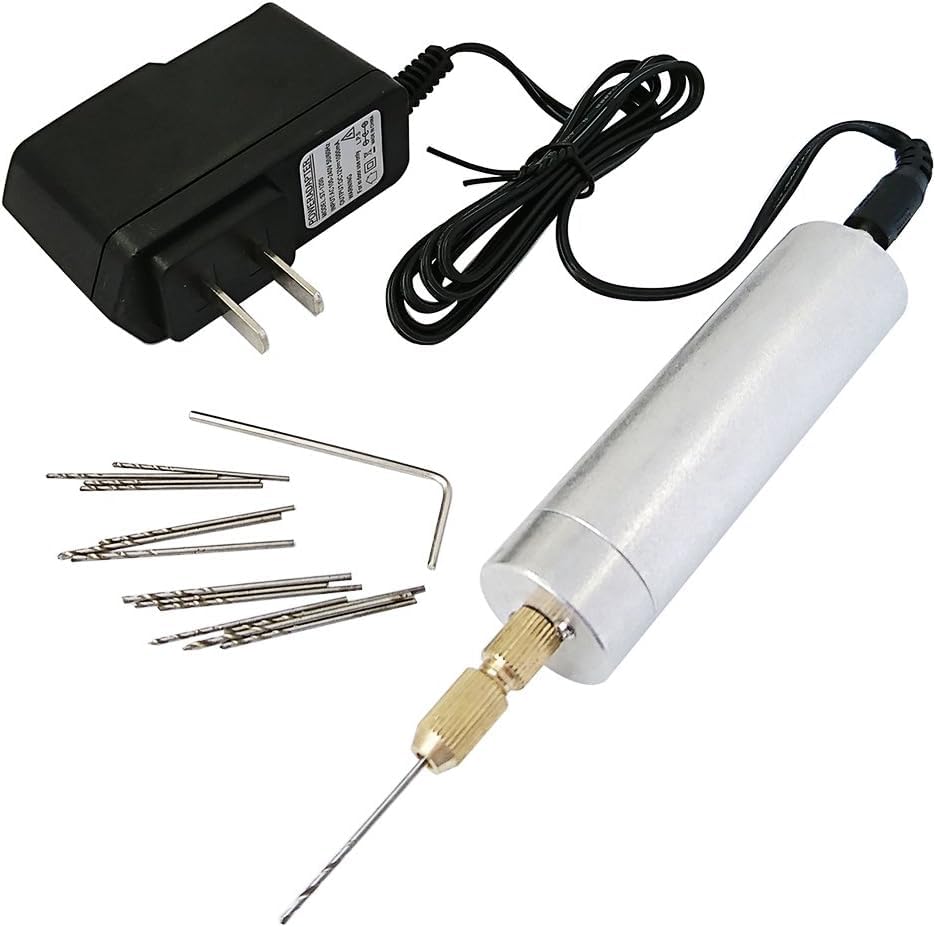 Yakamoz 0.7-1.2mm Mini Micro Electric Aluminum Hand Portable Handheld Drill with 15pcs Drill Bits, 2A Power Supply Included