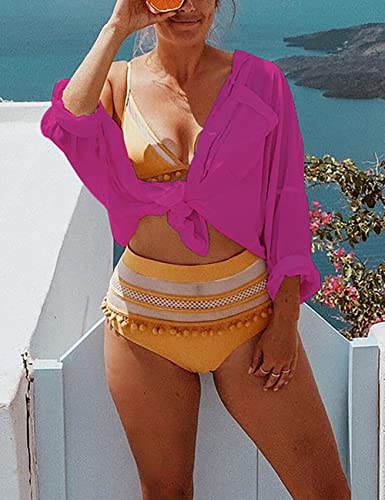 Image of Bsubseach Women Long Sleeve Beach Shirt Blouses Bathing Suit Cover Up Button Down Collar