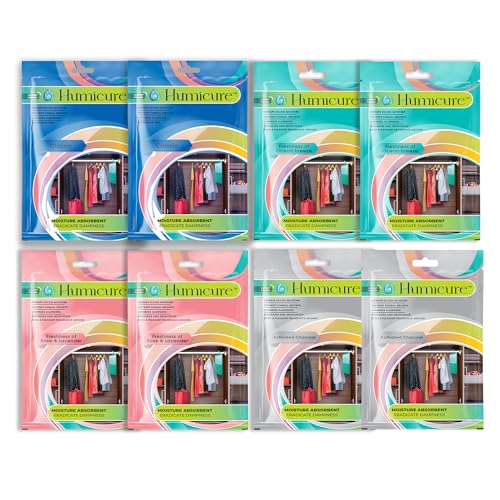 Image of Humicure Moisture Absorber Dehumidifier with 1 Litre Absorption Capacity; Prevents Wardrobe, Bathroom, Kitchen and Bedroom from Mould & Fungus (Pack of 8, 400gram each, All Variant)