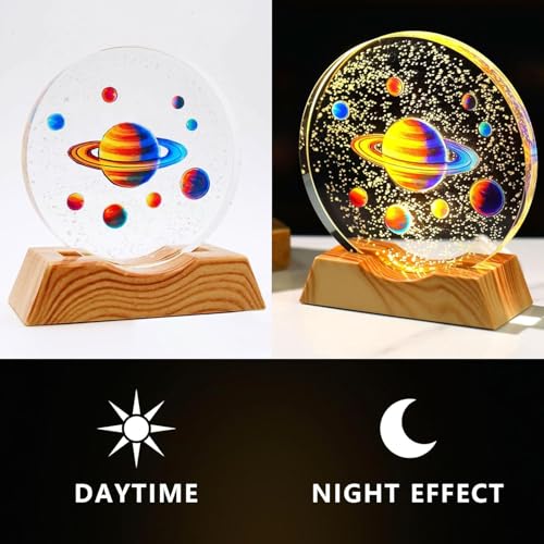 Image of 3D Acrylic Planets Crystal Ball Night Lamp with Wooden Base | Space Theme Saturn Light | Warm Light Table Lamp for Home Decor, Bedroom & Gifts | Aesthetic Night Light for Kids & Adults